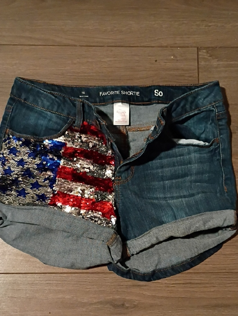 Great 4th Fit!SO Denim Shortie Shorts with Red, White and Blue Sequin Flag Panel